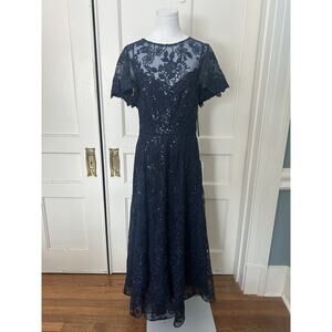 Mac Duggal Floral Embroidered Mesh Overlay Formal Dress Womens Size 14 Blue NWT